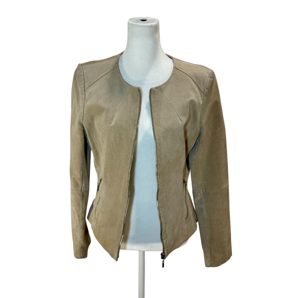 Women’s Taupe/Beige Suede Moto Jacket – Collarless Zip Front